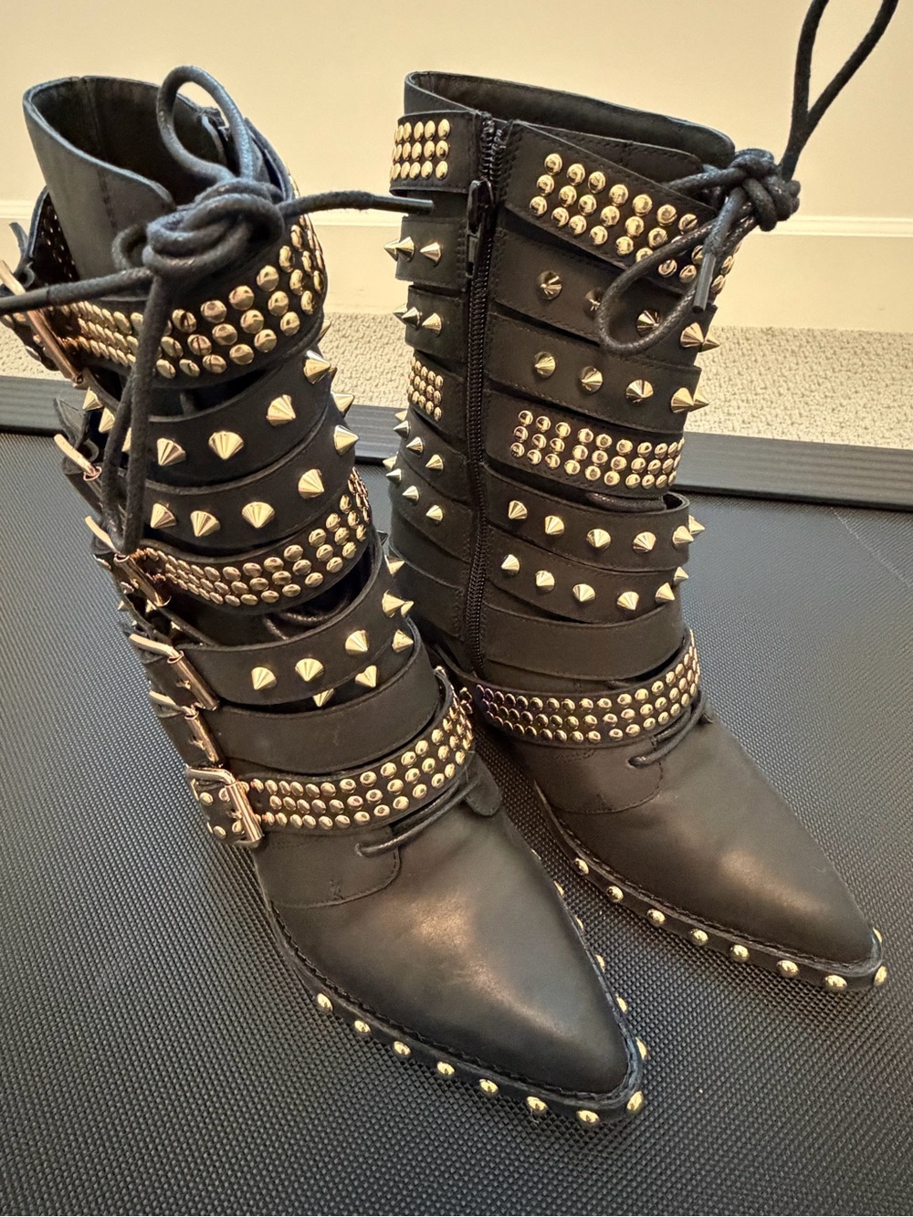 Jeffrey Campbell Black Studded Lace-Up Buckle Boots with Gold Hardware